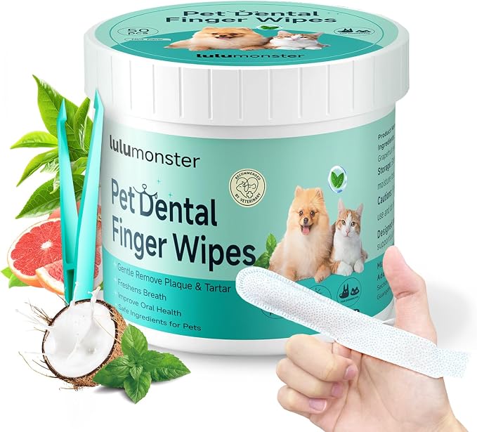 Pet Dental Finger Wipes for Dogs & Cats, Dog Teeth Cleaning Wipes Tooth Brushing Kit by Remove Plaque and Tartar & Freshens Breath Buildup No-Rinse Dog Finger Toothbrush Mint Flavor