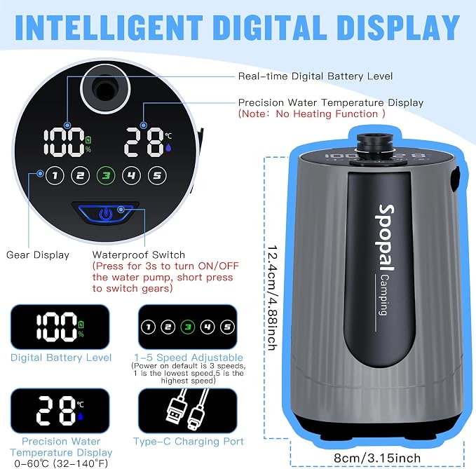 Spopal Portable Shower for Camping, [Upgraded] 10000mAh Rechargeable Camping Shower with 5 Adjustable Speeds,Premium LED Display, IPX8 Waterproof Outdoor Shower Kit for Hiking, Car, Pet, Travel