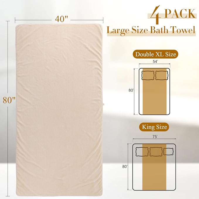 SmoothNovelty 4 Pcs Oversized Coral Fleece Bath Sheets 40 x 80 Inch, Lightweight Extra Large Towel Blanket, Soft Jumbo Bathroom Towels with Hanging Loop for Bath, Pool, Beach, Spa, Travel (Beige)