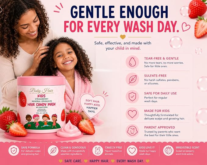 BABY HAIR Kids Strawberry Mineral Hair Candy Mask | Deep Conditioning Hair Mask for Kids | Moisturizes, Softens & Helps Detangle | Sulfate Free | 10 fl oz