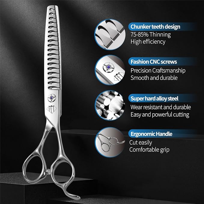 Fenice Professional Pet Grooming Scissors, High-End Dog Hair Cutting Shears with Ergonomic Handle, Super Hard Alloy Steel, CNC Precision Craftsmanship (Chunker, 7.0")