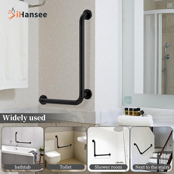 Matte Black Angled Grab Bar 16x24 Inch, iHansee Bathroom Safety Bar w/Anti-Slip Knurled Grip, Wall Mount L Shaped Shower Handle for Elderly Senior Handicap, Toilet Bathtub Balance Support Handrail