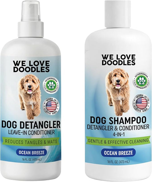 We Love Doodles Dog Detangler Spray - Leave-in Conditioner for Dogs - Dog Detangling Spray - Dematting Spray for Dogs - Tangle Remover - Made in The USA (Detangler & Shampoo (Ocean Breeze))