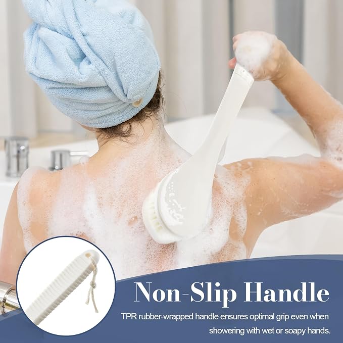 Back Scrubber for Shower, Shower Body Brush for Cleaning with Long Handle for Showering, 17 Inch Back Washer Exfoliator for Shower Men Women with Non-Slip Handle, Adhesive Hook (Cream White)