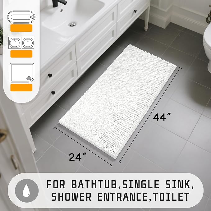 Yimobra Long Bathroom Rugs 44"x24", Extra Soft Non Slip Bath Mat for Tub, Super Absorbent Quick Dry Shaggy Rug Floor Carpet, Machine Washable,White