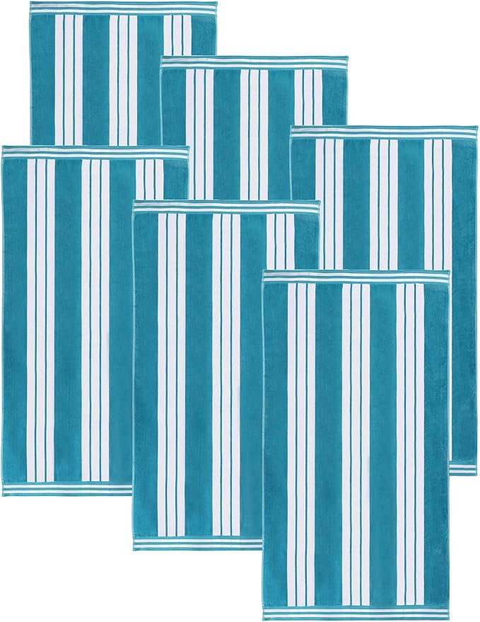 Superior Oversized Cotton Beach Towel Set of 6, Absorbent Towels for Bathroom, Pool, Swim, Adults, Kids, Vacation, Travel, Bath, Quick Dry Basics, Trip Essentials, Striped Decor, Turquoise