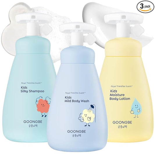 GOONGBE Kids Hair & Body Care Set - Korean Shampoo, Body Wash & Lotion Bundle - Gentle Hydrating Low pH Formula with Cica, Panthenol & Macadamia Oil - Allergen-Free for Sensitive Skin, 3-Piece