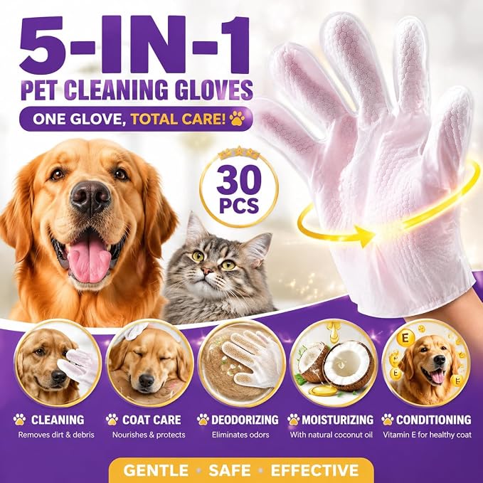 Pet Glove Wipes for Dogs & Cats, 30Pcs Deodorizing Cleaning Gloves with Coconut Oil, Vet Recommended Hypoallergenic Bathless Grooming Wipes for Paws, Body & Ears, No-Rinse
