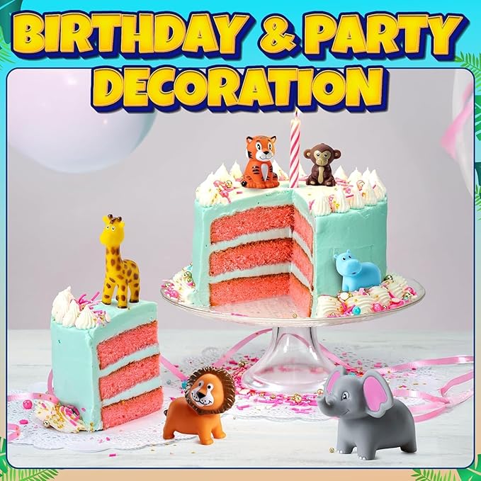 Mini Zoo Animals Bath Toys - (Pack of 12) Vinyl Rubber Jungle Safari Animal Figures, Squeezable Bath Tub Toys for Kids, Baby Shower, Birthday Party Supplies, Favors, Cake Decor, Table Decorations