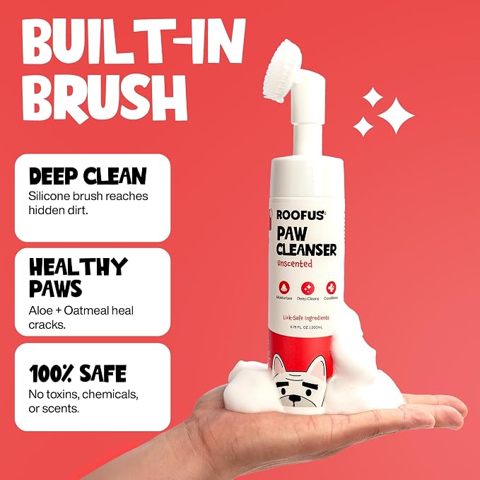 Dog Paw Cleaner for Dogs & Cats, No Rinse Foaming Paw Wash with Silicone Brush, Gentle Unscented Foam Cleanser for Muddy, Dirty Paws, Cleans Between Toes, No Water Needed (5 fl oz)