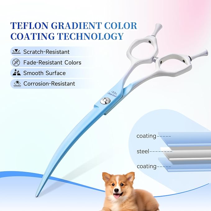 7'' Curved Dog Grooming Scissors Blue to White Gradient | 440C Stainless Steel, Sharp Durable, Professional or Home Use, Ergonomic Handle with 2 Silicone Finger Rings