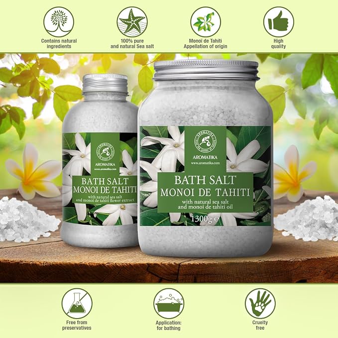 AROMATIKA Bath Salt Monoi de Tahiti 21.16 Oz (600g) - Coconut and Gardenia Flowers Scent - Relaxing Bath - Good Sleep - Aromatherapy - Sea Salt Bath
