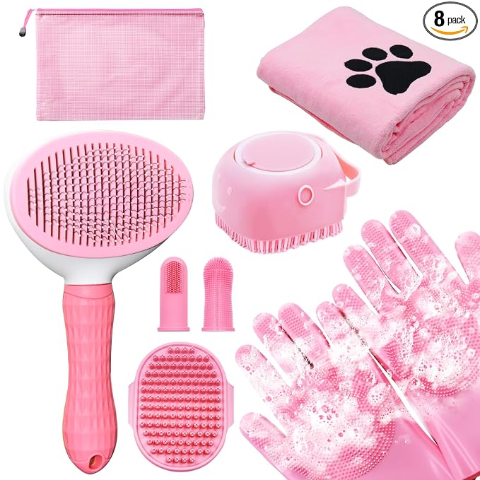 Dog Grooming Kit for Shedding – 8-Piece Pet Grooming Supplies with Deshedding Brush, Bath Gloves, Towels & Silicone Toothbrush | Ideal for Dogs, Cats, Small and Large Pets (Pink)