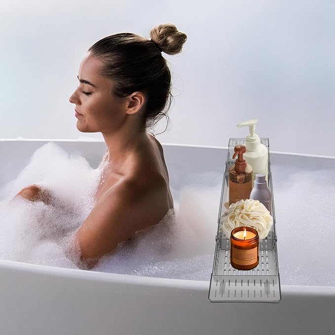 Bathtub Caddy Tray, Expandable Bath Shelf with Book and Wine Holder, Clear Gray Acrylic Bathtub Tray for Bathroom, 22.24-31.5 Inch Adjustable