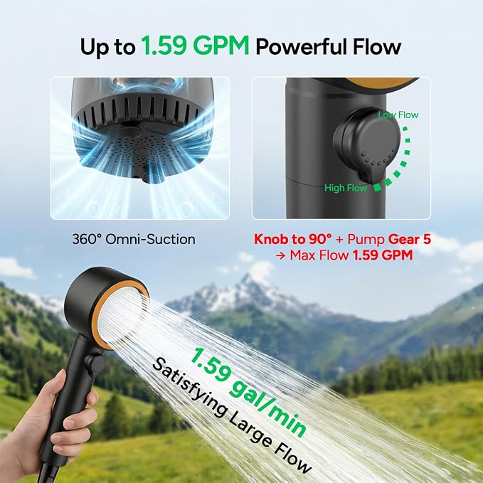 DR.PREPARE Portable Shower, 8000mAh Battery, 180-Min Runtime, 1.59 GPM Strong Flow, 3 Spray Modes, IPX8 Waterproof Camping Shower with LED Display, Portable Shower for Camping, Pets, Beach & Hiking