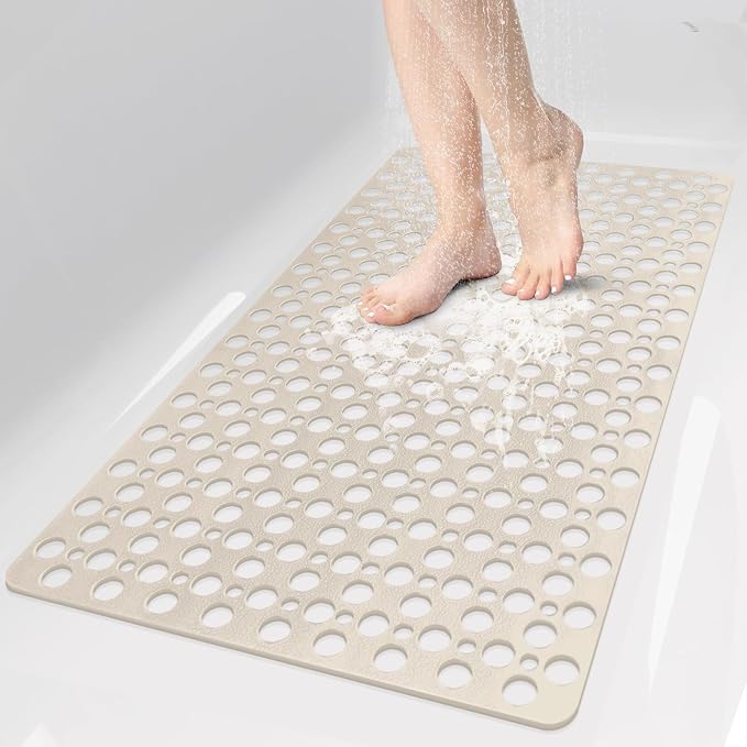 Bathtub Mat Non Slip: 30x17 inch Soft TPE Bath Mat for Tub with Suction Cups and Drain Holes, Efficient Drainage Anti Slip Shower Mats for Inside Shower, Machine Washable, Easy to Dry&Cut