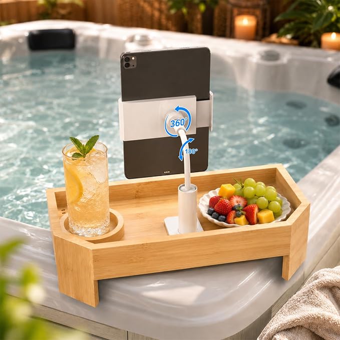 Vespara Bamboo Hot Tub Table with Adjustable Phone Holder, Non Slip Hot Tub Table Spa Gift for Women, Bathtub Canddy Tray with Wine Glass Holder for Luxury Bathtub Bathroom Accessories (Natural)