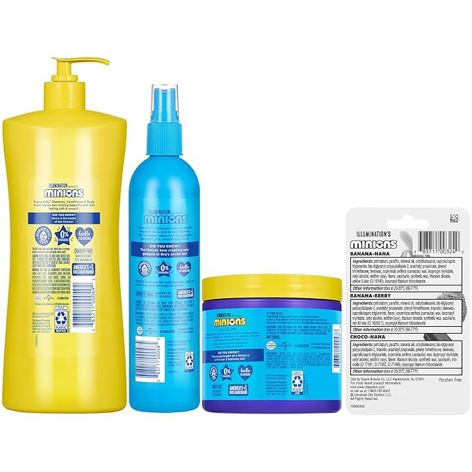 Suave Kids + ChapStick Minions 4-Piece Bundle – 3-in-1 Shampoo, Conditioner & Body Wash, Coco-Craze Slime, Hair Detangler Spray, and Banana-Flavored Lip Balm Set