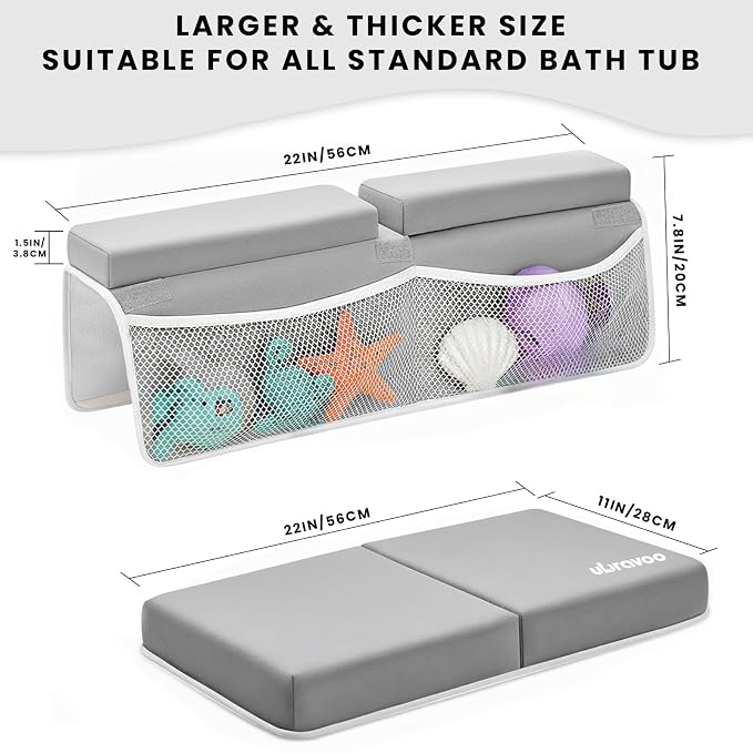 UBRAVOO Baby Bath Kneeler with Elbow Rest Pad, Non-Slip Foam Mat, Quick-Drying Cushion, Foldable Bathtub Support with Toy Storage Pockets for Parents (Gray)