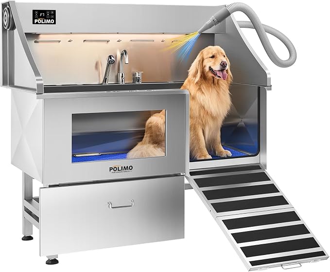 POLIMO Dog Washing Station with Built-in Pet Dryer and LED Display 61" (Right Ramp), 304 Stainless Steel Dog Bathtub for Large Medium Small Dogs, Wash and Dry Grooming Tub with Faucet, Storage Drawer
