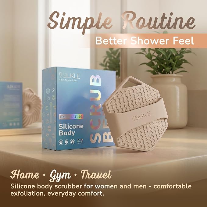 SILKLE Silicone Body Scrubber – Gentle Exfoliating Shower Scrubber for Body & Bath, Silicone Shower Brush & Loofah Alternative – Non-Slip Silicone Body Brush, Quick Dry, Hygienic - Clay