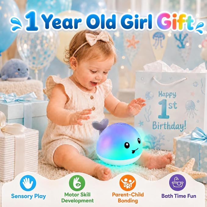 Gigilli Baby Bath Toys, Magnetic Rechargeable Bath Toys for Kids, Toddler Bathtub Pool Water Table Toys Sprinkler, Infant Boy Girl Gifts, Light Up Whale Bath Toy for Babies