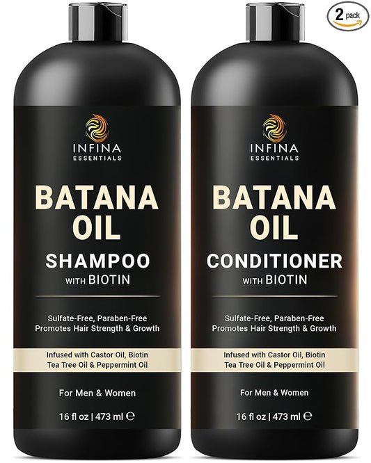 INFINA ESSENTIALS Batana Oil Shampoo and Conditioner Set | 16 fl oz Each | with Biotin & Tea Tree | Moisturizing, Strengthening & Nourishing Formula | Promotes Hair Growth and Thickness