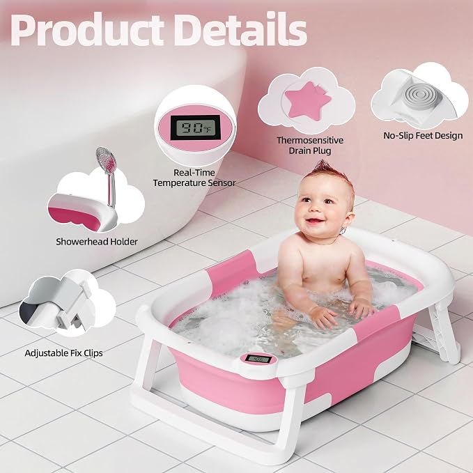 Collapsible Baby Bathtub for Newborn to Toddler, Foldable Infant Bath Tub with Real-Time Thermometer, Removable Soft Bath Cushion & Drain Plug, Portable Travel Newborn Tub, Dark Pink