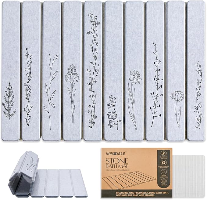Foldable Stone Bath Mat - 24x16, Super Absorbent Diatomaceous Earth Large Bath Mats for Bathroom, Quick Dry Non-Slip Stone Drying Mats for Kitchen Counter & Bathtub (Light Gray Floral Decor)