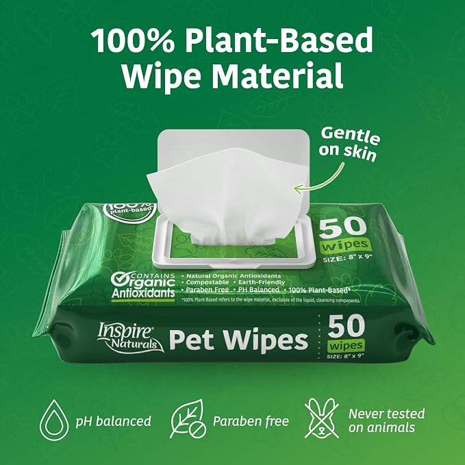 Inspire Naturals Pet Wipes for Dogs and Cats 100% Natural Plant Based with Organic Antioxidants, Dog Wipe Cleaning Deodorizing | Puppy Wipes | Dog Wipes for Paws and Butt (400ct - 8 Pack)