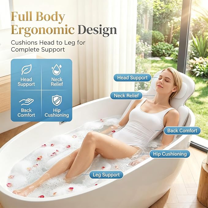 Full Body Bath Pillow, Luxury Bath Cushion with 192 Suction Cups, Bath Pillows for Tub for Head and Neck Support, with Laundry Bag White, 63" x 16"