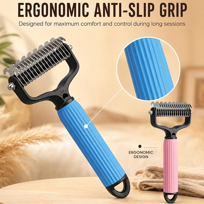 Double Sided Dematting Comb for Cats & Dogs, Undercoat Rake, Pet Grooming Brush for Long Hair, Deshedding Dog Brush Removes Tangles Knots and Loose Fur, Grooming Tool for Thick Coats (2PCS-A)