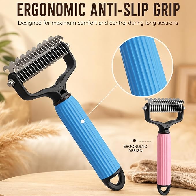 Double Sided Dematting Comb for Cats & Dogs, Undercoat Rake, Pet Grooming Brush for Long Hair, Deshedding Dog Brush Removes Tangles Knots and Loose Fur, Grooming Tool for Thick Coats(Pink)