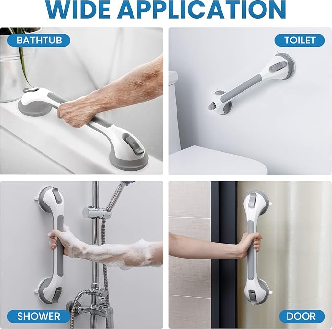LEVERLOC 2 Pack Shower Grab Bars for Bathtubs and Showers, Easy to Install Suction Shower Handles for Bathroom Removable Handrails for Seniors Elderly Heavy Duty Safety Grip Waterproof Drill Free Gray