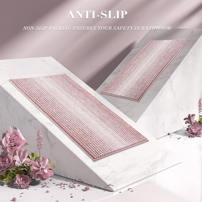BSICPRO Bathroom Rugs and Mats Sets, 2 Piece Thick Absorbent Chenille Bath Mat Rug Set Non Slip, Soft Shaggy Bath Room Floor Mats for Bathroom, Machine Washable (20" x 32" Plus 16" x 24",Mist Pink)