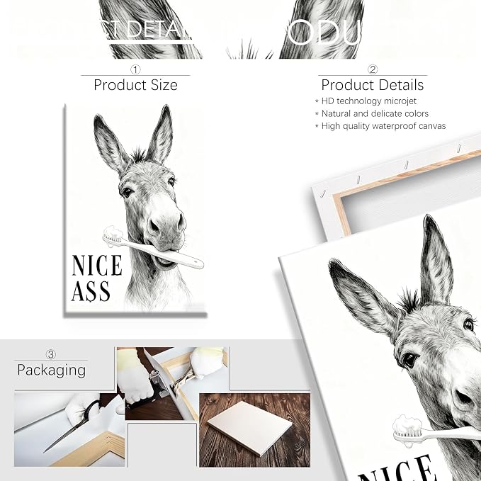 Funny Bathroom Wall Art Black and Grey Painting Prints with Nice Ass Quotes Framed Animals Artwork for Washroom Restroom Toilet Home Decoration Aesthetic Family Wall Decor 16X24 in Black Framed