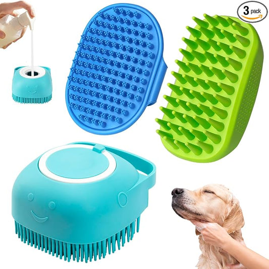 3PCS Dog Bath Brush, Shampoo, Shower, Scrubber for Bath, Dog Bath Supplies, Suitable for Deshedding, Washing & Grooming of Short and Long Haired Pets (Blue Green Blue)