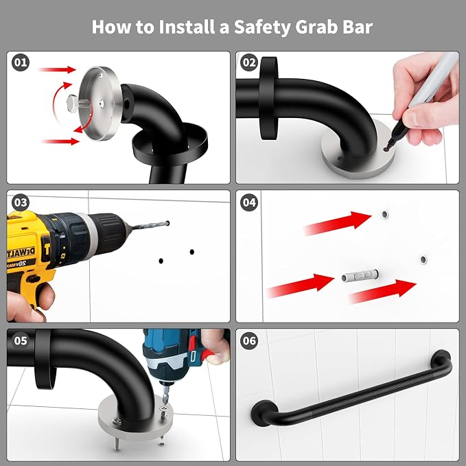 24 Inch Shower Grab Bar, ZUEXT Stainless Steel Bathroom Safety Handle w/Knurled Non-Slip Grip, Heavy Duty Wall Mounted Bathtub Toilet Support Rail for Elderly Seniors Disabled (Black, 1.25" Diameter)