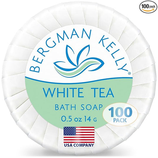 BERGMAN KELLY Luxury Travel Size Round Soap Bulk, White Tea, 0.5 oz, 100 PK | Bergman Kelly Guest Size: Individually wrapped 1.9" diameter bars. Rich lather, ideal for Airbnbs, travel, and care packages.