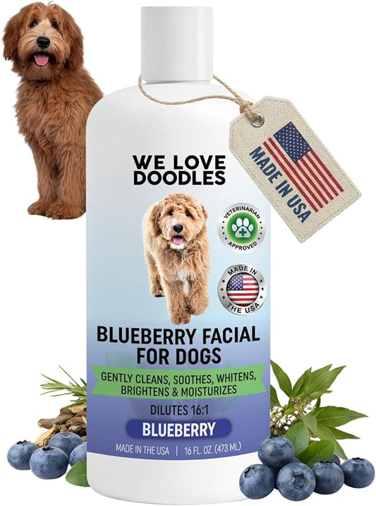 Blueberry Facial Dog Shampoo - Dog Tear Stain Remover, Brightens & Whitens Coat, Cleans & Deodorizes, Tearless, 16:1 Concentrated, 16 oz [We Love Doodles]