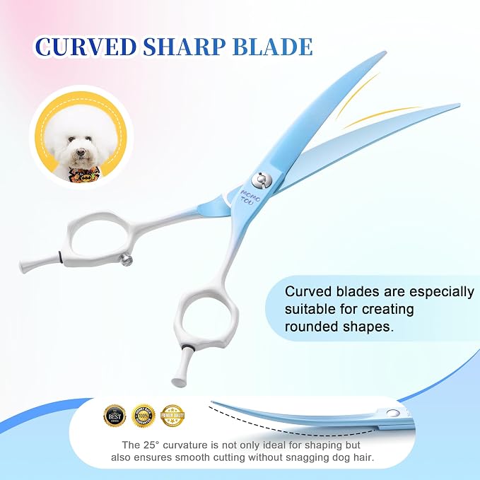 7'' Curved Dog Grooming Scissors Blue to White Gradient | 440C Stainless Steel, Sharp Durable, Professional or Home Use, Ergonomic Handle with 2 Silicone Finger Rings