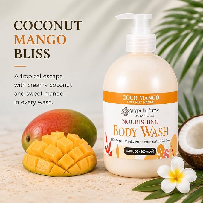Ginger Lily Farms Botanicals Nourishing Body Wash, Coco Mango, 100% Vegan & Cruelty-Free, Coconut Mango Scent, 16.9 Fl Oz (Pack fo 6)