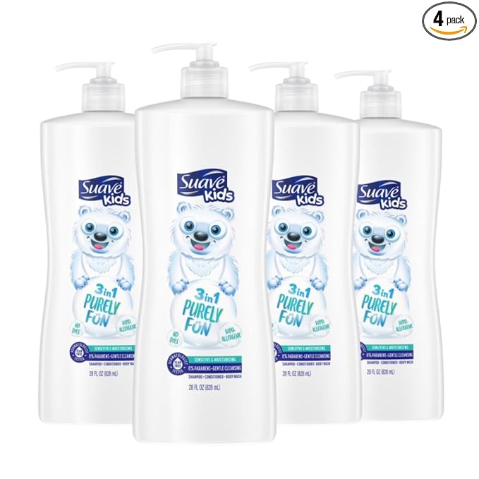 Suave Kids 3-in-1 Shampoo Conditioner Body Wash Purely Fun Makes Bath Time Quick and Easy, Paraben Free and Dermatologist Tested Kids Shampoo 3 in 1 Formula 28 Fl Oz (Pack of 4)