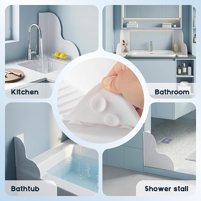 Shower Splash Guard for Bathtub 2 Packs, Silicone Bathtub Water Guard Kit, Waterproof Bath Tub Water Blocker, Shower Corner Guards to Keep Water in Shower or Bath - White