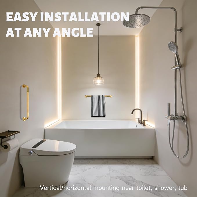 24 Inch Shower Grab Bar 1.25" Dia, Gold Anti Slip Bathroom Grab Bar, 304 Stainless Steel Knurled Handicap Grab Bars, Safety Support Handrail, Assist Bath Shower Handle for Elderly Injury Senior