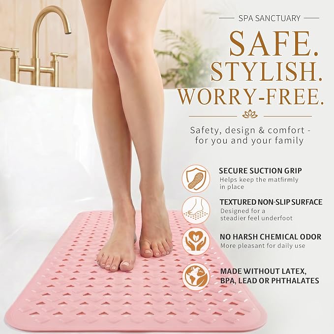 Yimobra Bathtub Mat Non Slip, 35"X16" Shower Mat with Strong Suction Cups & Drain Holes, Long Anti Slip Bath Tub Mat for Inside Shower, Machine Washable Fast Drying, Bathroom Essentials, Pink