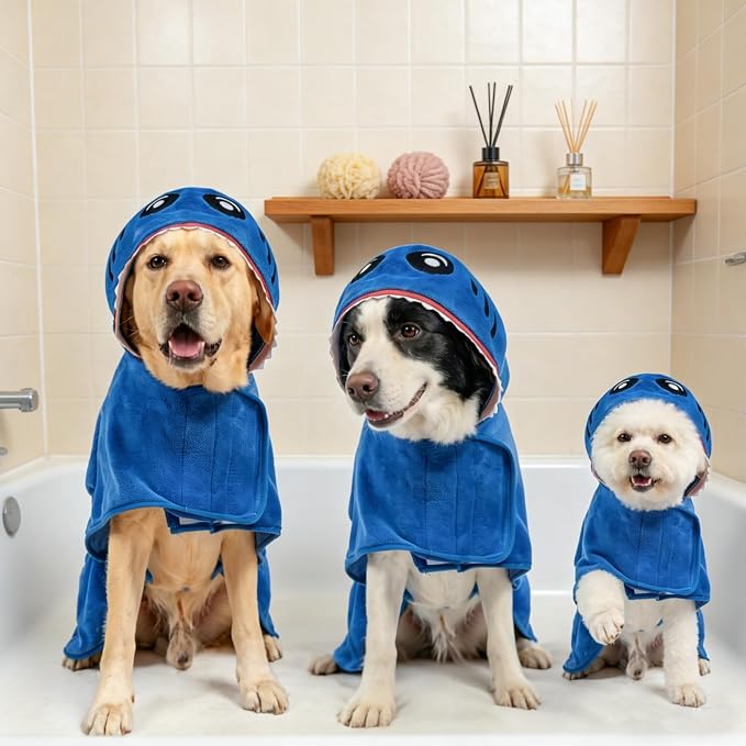 SCENEREAL Dog Bathrobe Fast Drying Towel Microfiber Dog Towel Robe with Hook and Loop Closure & Wrap Tie Snuggle, Super Absorbent Pet Cat Dog Bath Robe Drying Coat, Shark Hood M