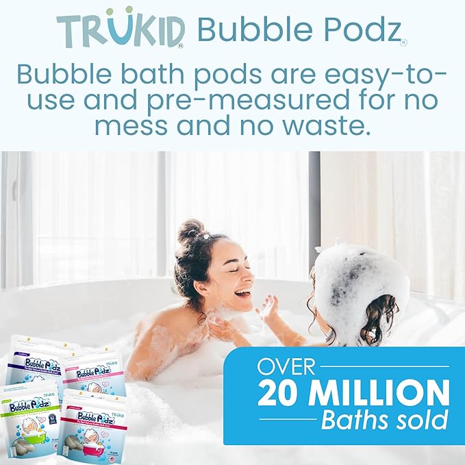 TruKid Bubble Podz Bubble Bath for Kids, Toddlers, & Babies, Tear Free Gentle & Refreshing Bath Bomb for Sensitive Skin with Natural Moisturizers, Non-Toxic, pH Balanced, Strawberry Scent (60 Podz)