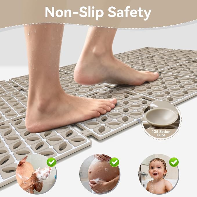 Bath Tub Shower Mat Non Slip, 24"x 24" Extra Large Shower Mats for Inside Shower Bathroom, Square Shower Floor Mat, TPE Shower Mats with Suction Cups Drain Holes Machine Washable (Browm)