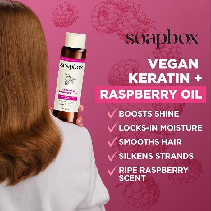 Soapbox Keratin & Raspberry Seed Oil Shampoo & Conditioner Set, Leaves Hair Shiny, Smooth & Glossy - Clean Ingredients Free of Harsh Chemicals, Sulfates, Parabens & Silicones - 16 oz Each